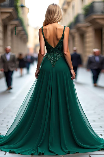 Robe de bal longue en tulle une ligne vert foncé avec appliques de dentelle